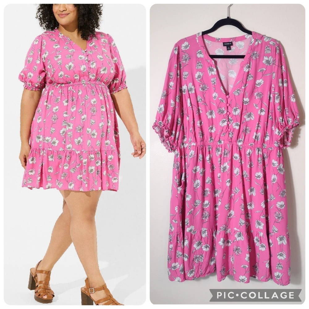 Torrid Floral V-Neck Button Front Puff Sleeve Challis Mini Dress Pink White 2X